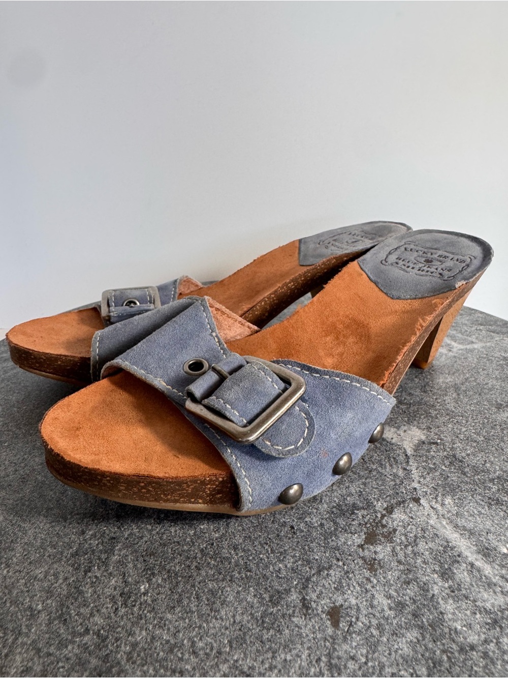 Y2K Lucky Brand Denim Blue Leather Buckle Kitten Heels Sandals 6.5